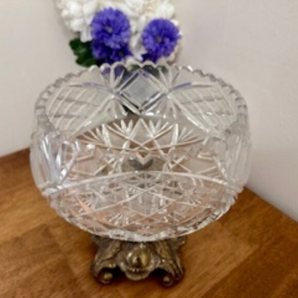 Vintage Cut Crystal Compote with Ornate Metal Base Heavy Pressed‎ Glass Pedestal - Picture 3 of 5